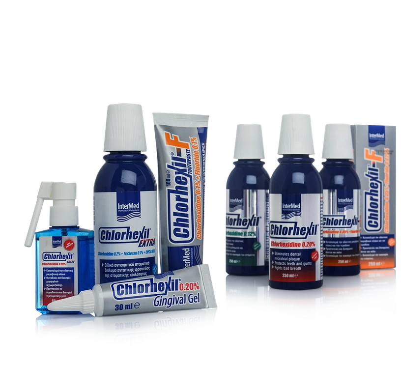 Svih šest Chlorhexil proizvoda: vodice za ispiranje usta 0,12%, 0,20%, EXTRA, Long Use i gingivalni gel